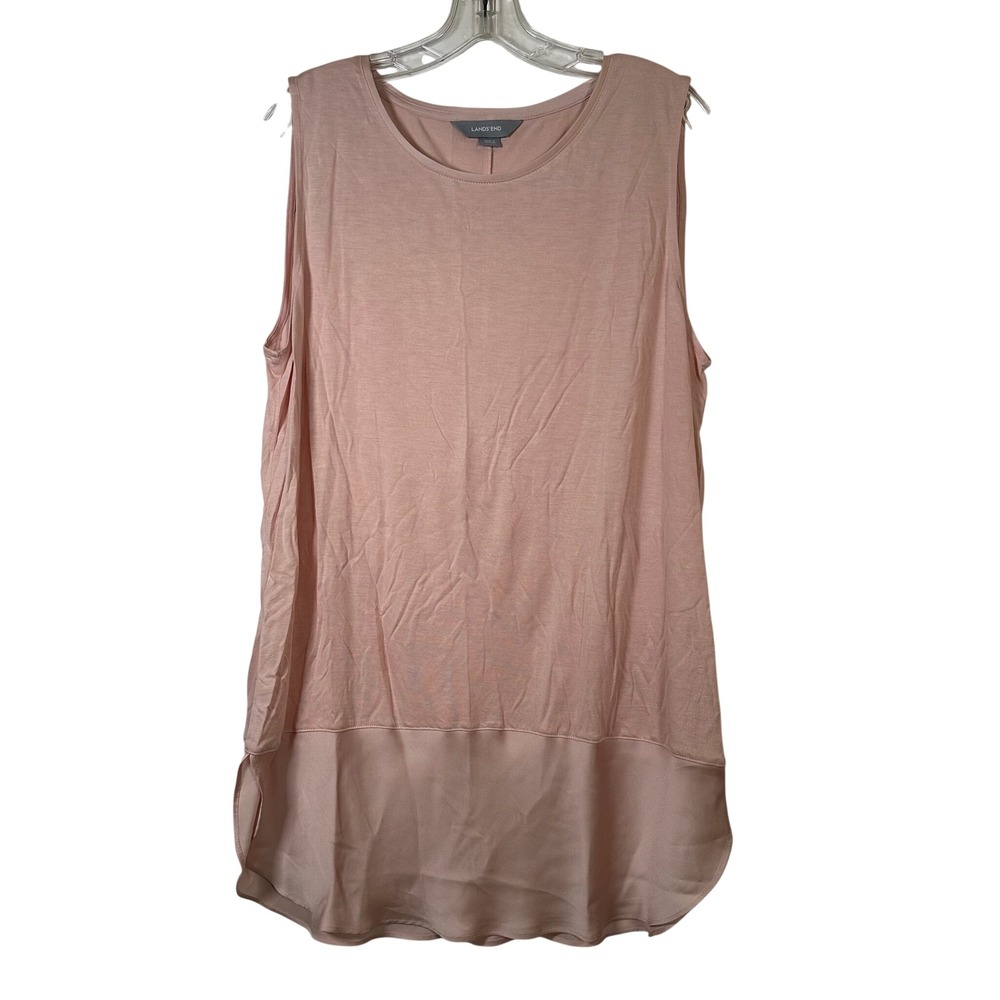 Lands End Womens XL/P Tunic Top Pink Sleeveless Mixed Media Rayon Satin Hem 18
